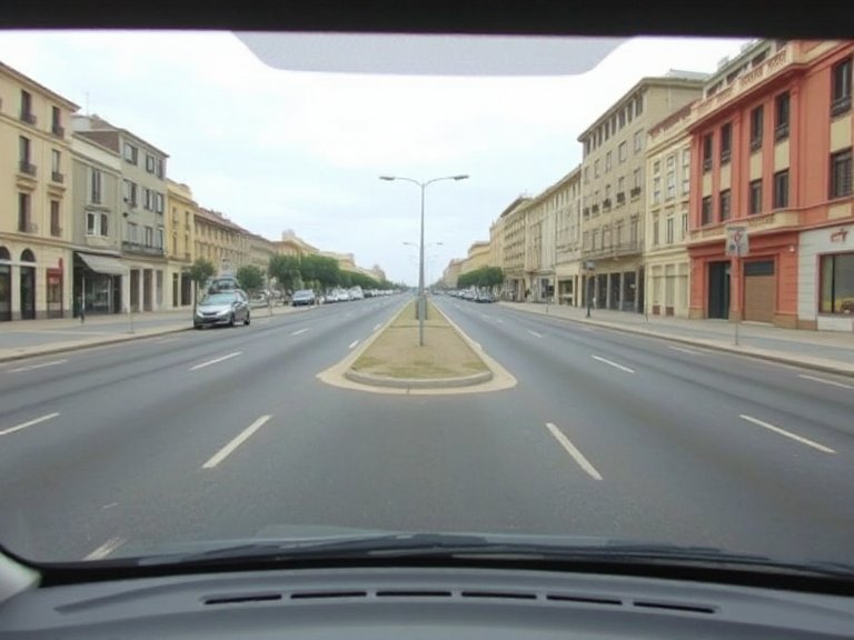 Avenida ancha con una isleta estrecha en medio de la calzada y farola, sin señales de sentido