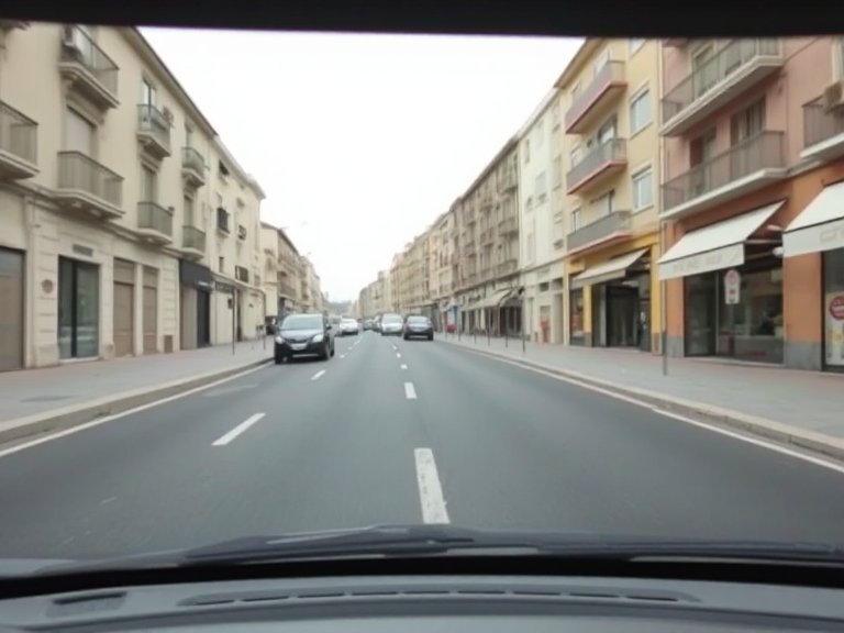 Calle urbana con un carril por sentido, bordillos, comercios y coches a lo lejos