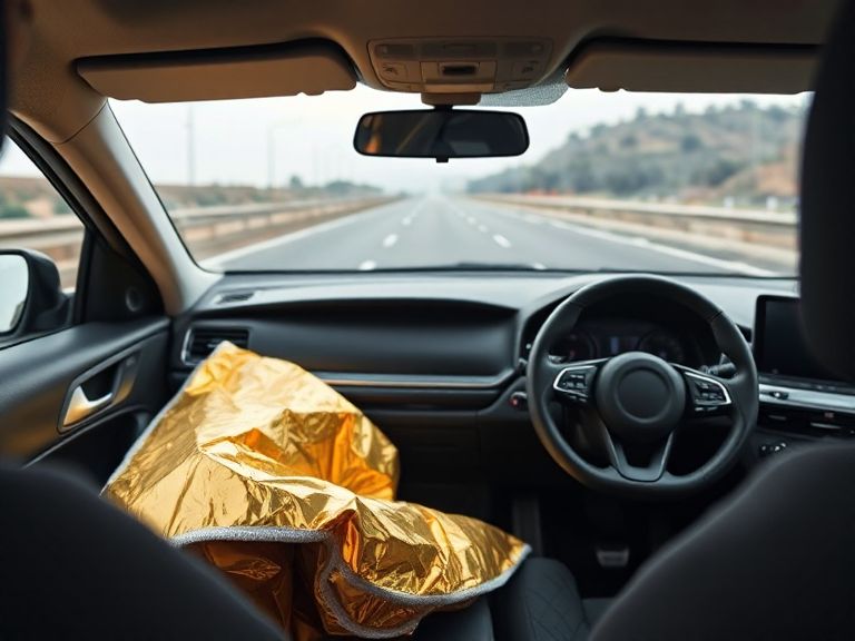 Manta térmica dorada sobre el asiento de un coche