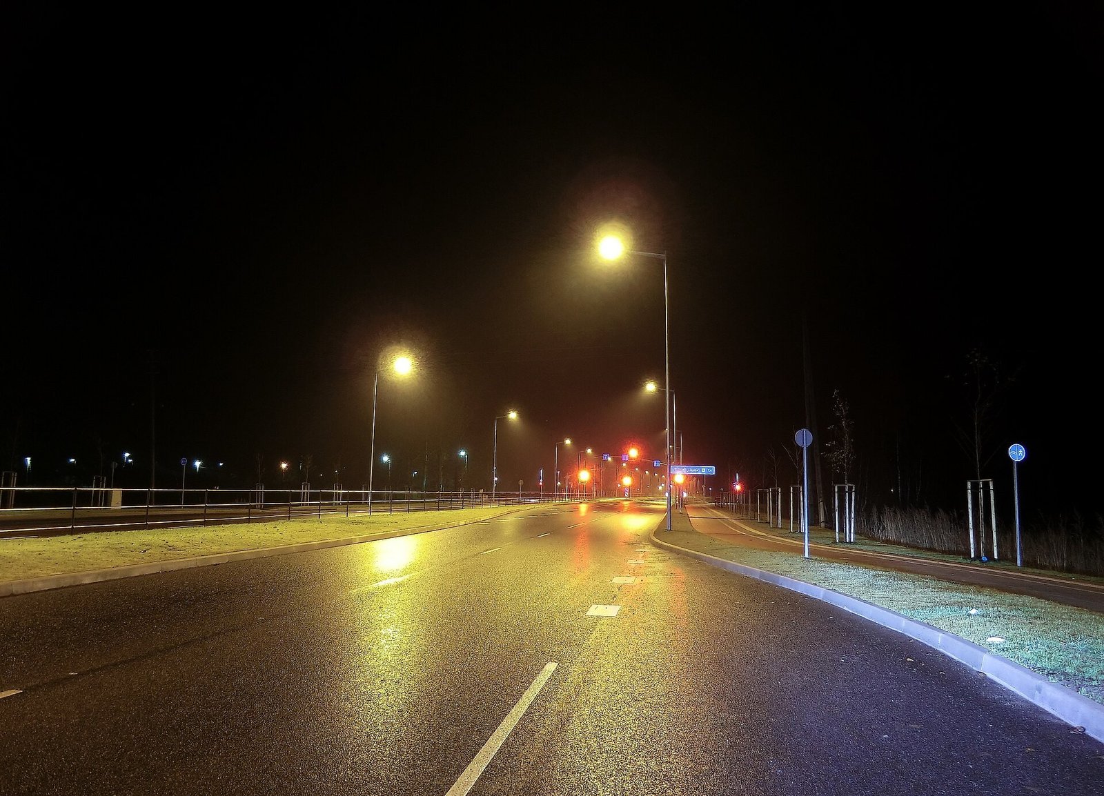 Carretera vacía iluminada por farolas de noche